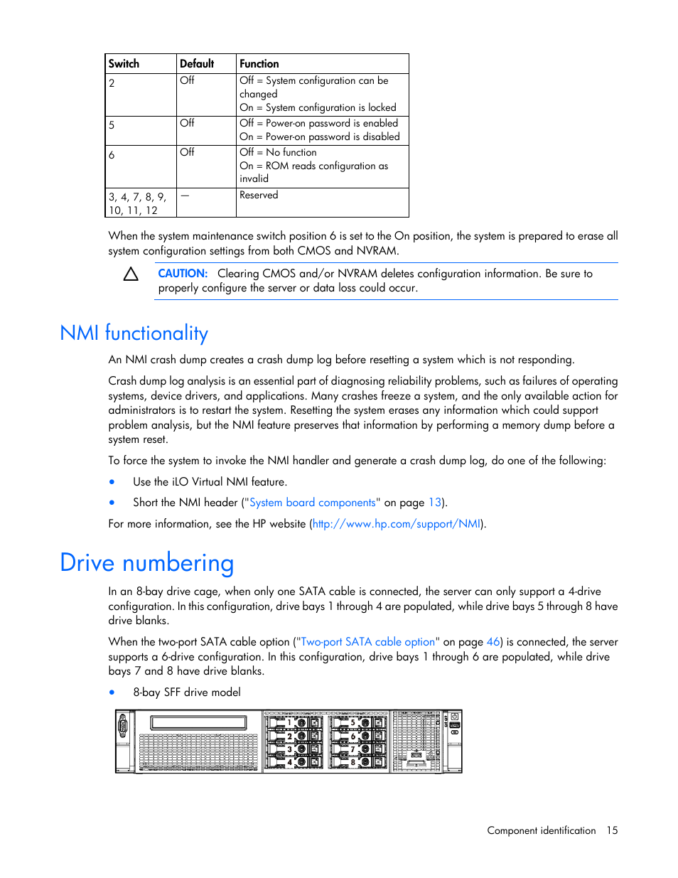 Nmi functionality, Drive numbering | HP ProLiant DL380e Gen8 Server User Manual | Page 15 / 142