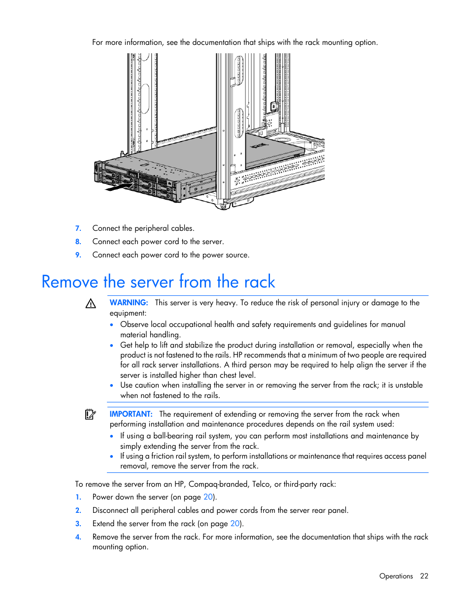 Remove the server from the rack | HP ProLiant DL380e Gen8 Server User Manual | Page 22 / 142