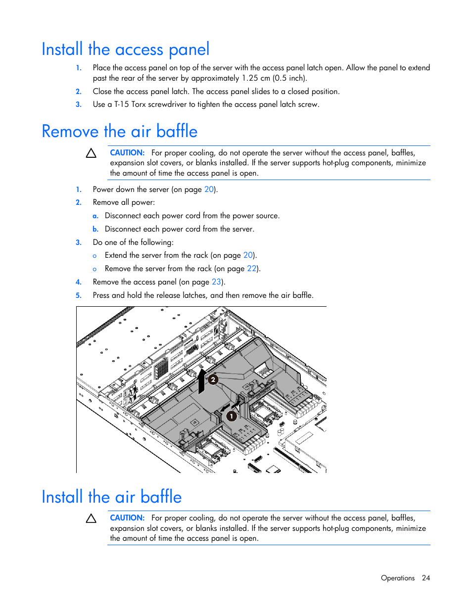 Install the access panel, Remove the air baffle, Install the air baffle | HP ProLiant DL380e Gen8 Server User Manual | Page 24 / 142
