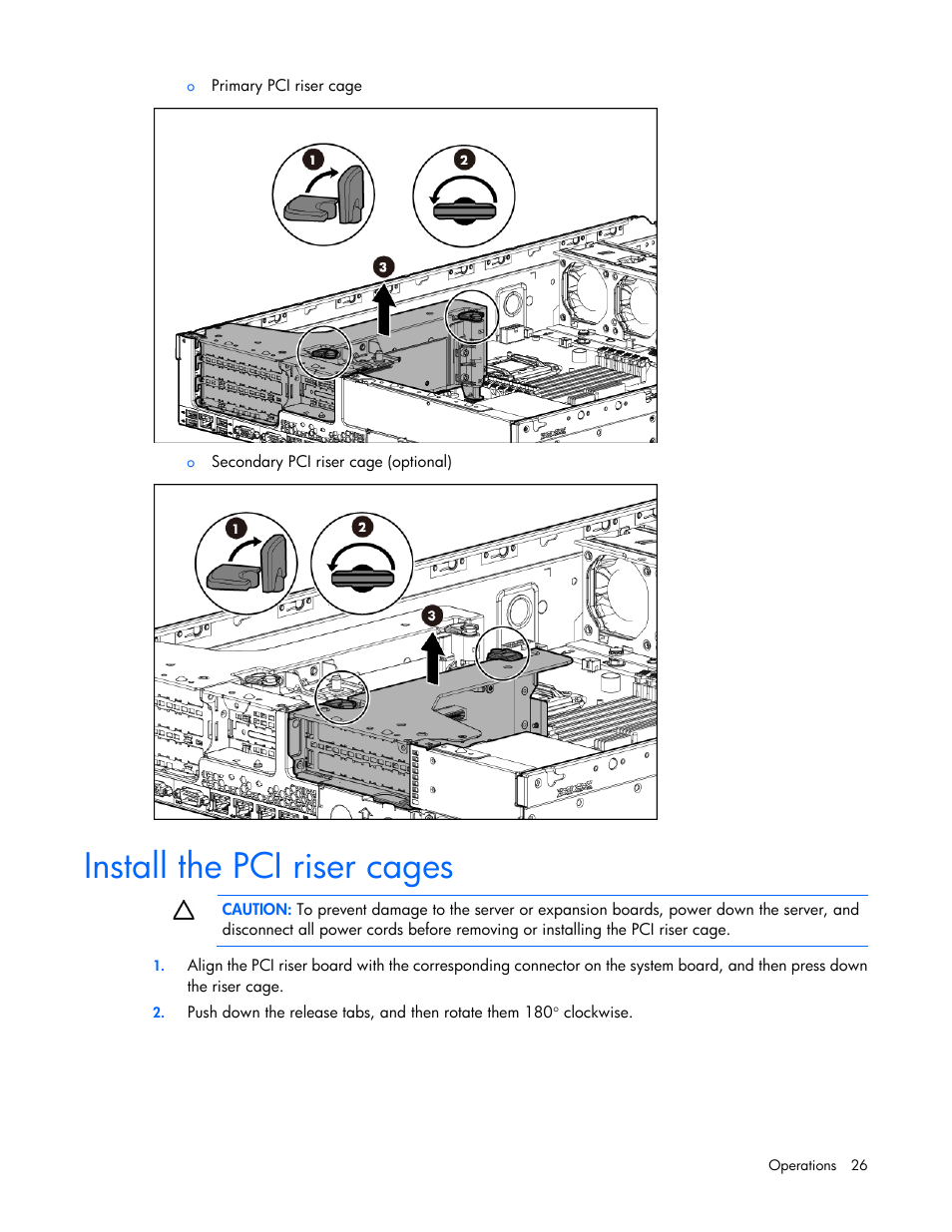 Install the pci riser cages | HP ProLiant DL380e Gen8 Server User Manual | Page 26 / 142