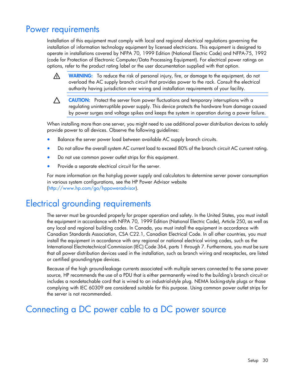 Power requirements, Electrical grounding requirements, Connecting a dc power cable to a dc power source | HP ProLiant DL380e Gen8 Server User Manual | Page 30 / 142