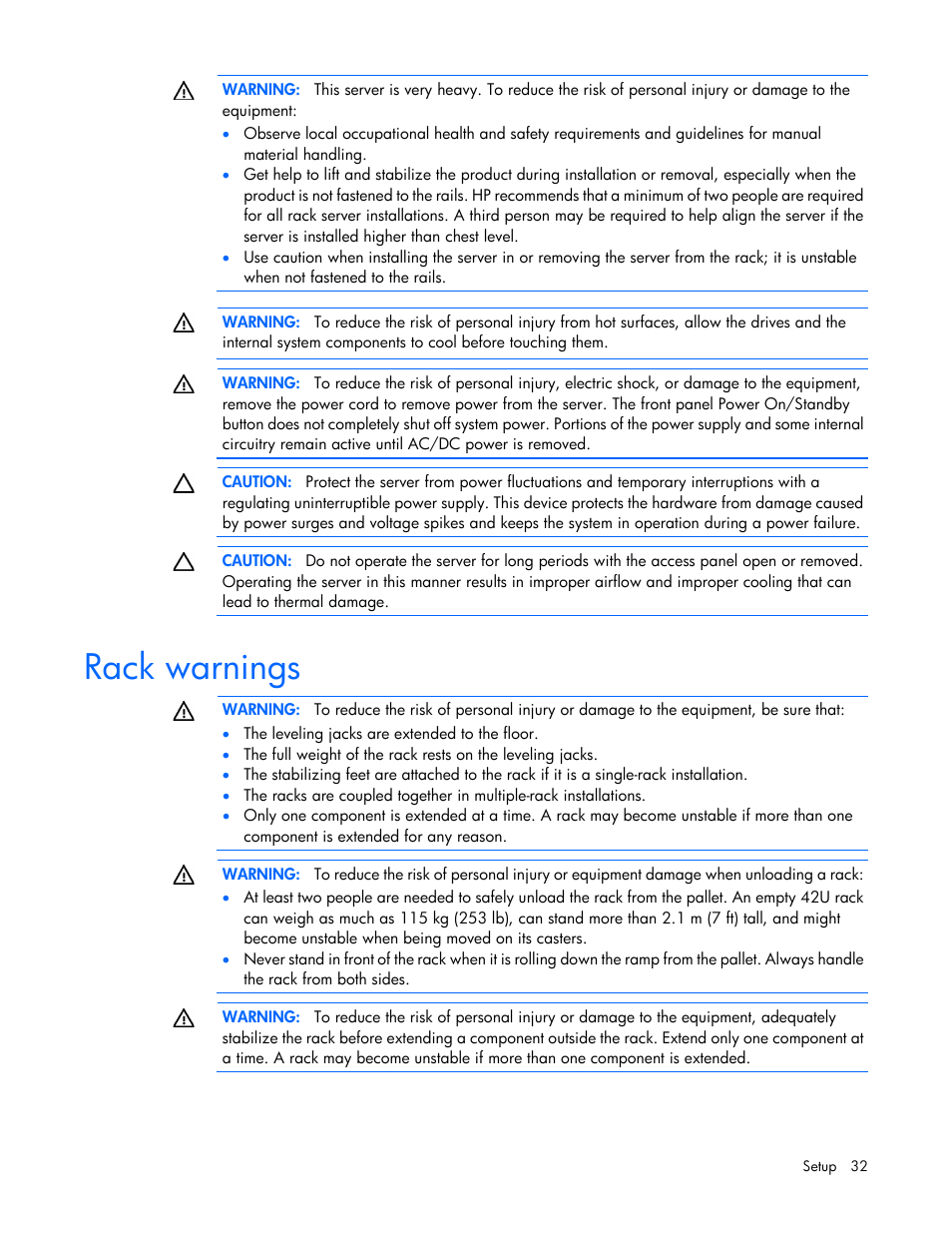 Rack warnings | HP ProLiant DL380e Gen8 Server User Manual | Page 32 / 142