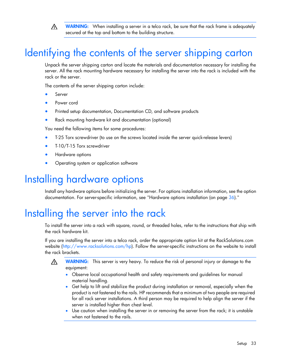 Installing hardware options, Installing the server into the rack | HP ProLiant DL380e Gen8 Server User Manual | Page 33 / 142