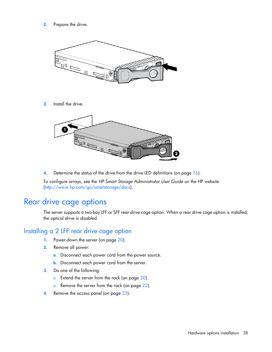Rear drive cage options, Installing a 2 lff rear drive cage option | HP ProLiant DL380e Gen8 Server User Manual | Page 38 / 142