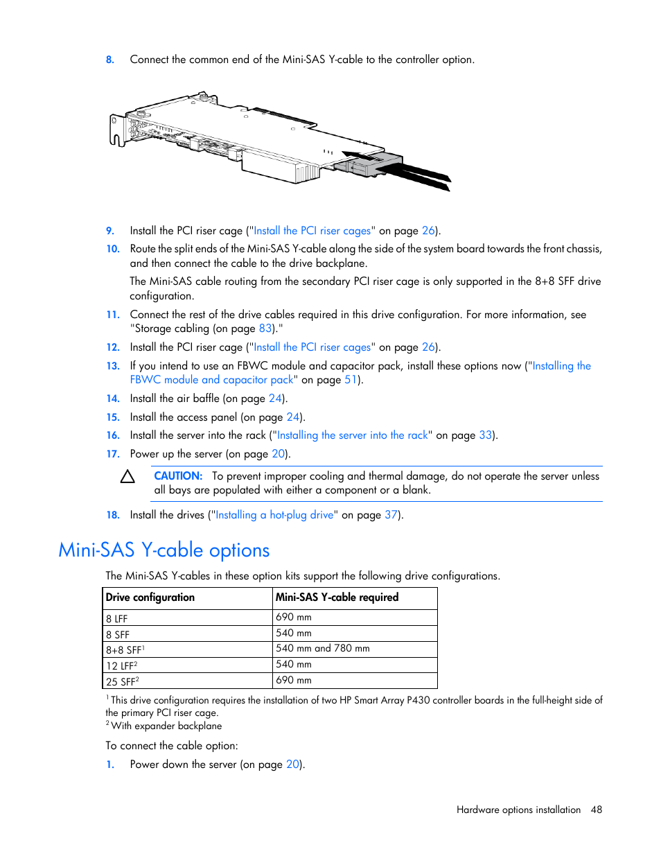 Mini-sas y-cable options | HP ProLiant DL380e Gen8 Server User Manual | Page 48 / 142