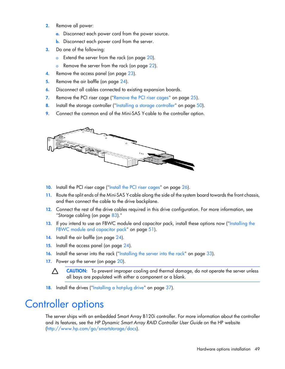 Controller options | HP ProLiant DL380e Gen8 Server User Manual | Page 49 / 142