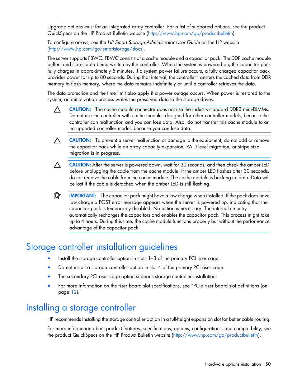 Storage controller installation guidelines, Installing a storage controller | HP ProLiant DL380e Gen8 Server User Manual | Page 50 / 142