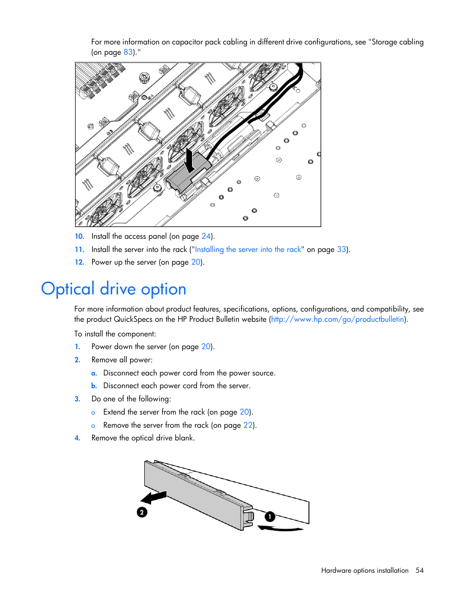 Optical drive option | HP ProLiant DL380e Gen8 Server User Manual | Page 54 / 142