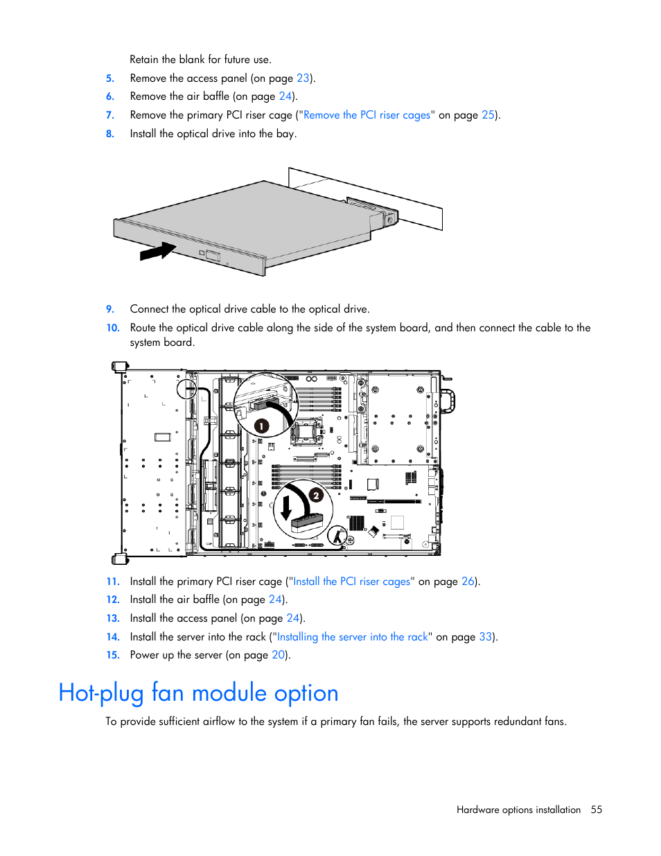 Hot-plug fan module option | HP ProLiant DL380e Gen8 Server User Manual | Page 55 / 142