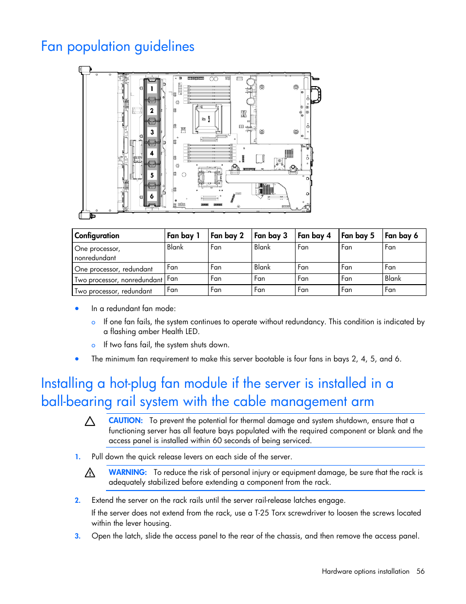 Fan population guidelines | HP ProLiant DL380e Gen8 Server User Manual | Page 56 / 142