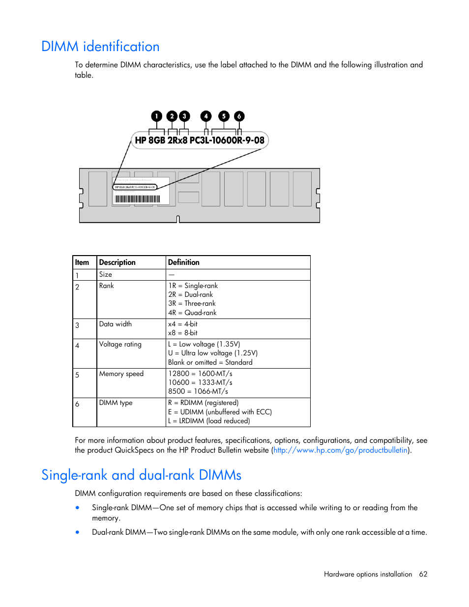Dimm identification, Single-rank and dual-rank dimms | HP ProLiant DL380e Gen8 Server User Manual | Page 62 / 142