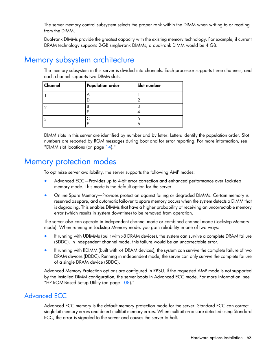 Memory subsystem architecture, Memory protection modes, Advanced ecc | HP ProLiant DL380e Gen8 Server User Manual | Page 63 / 142