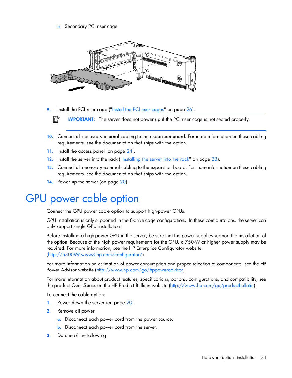 Gpu power cable option | HP ProLiant DL380e Gen8 Server User Manual | Page 74 / 142