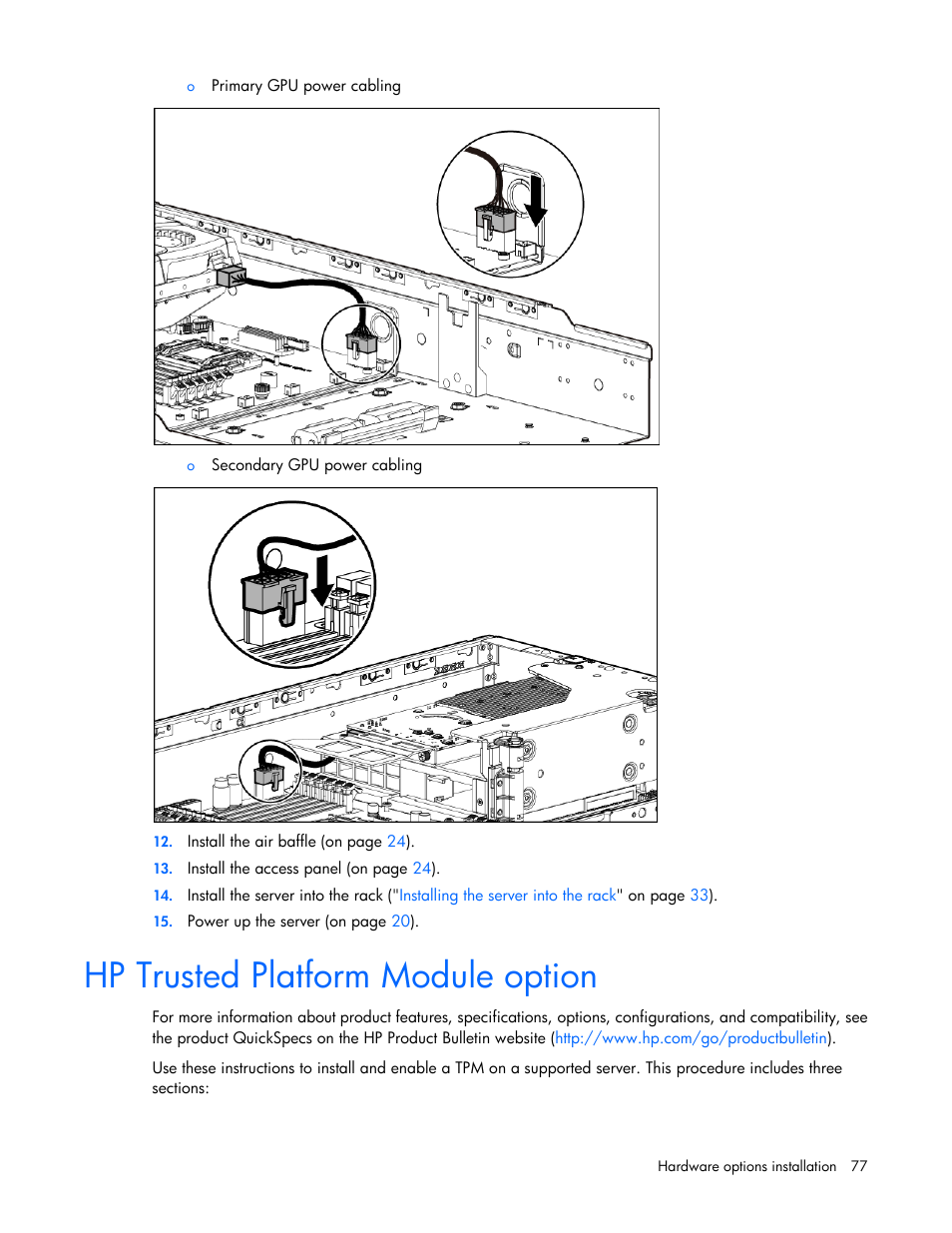 Hp trusted platform module option | HP ProLiant DL380e Gen8 Server User Manual | Page 77 / 142