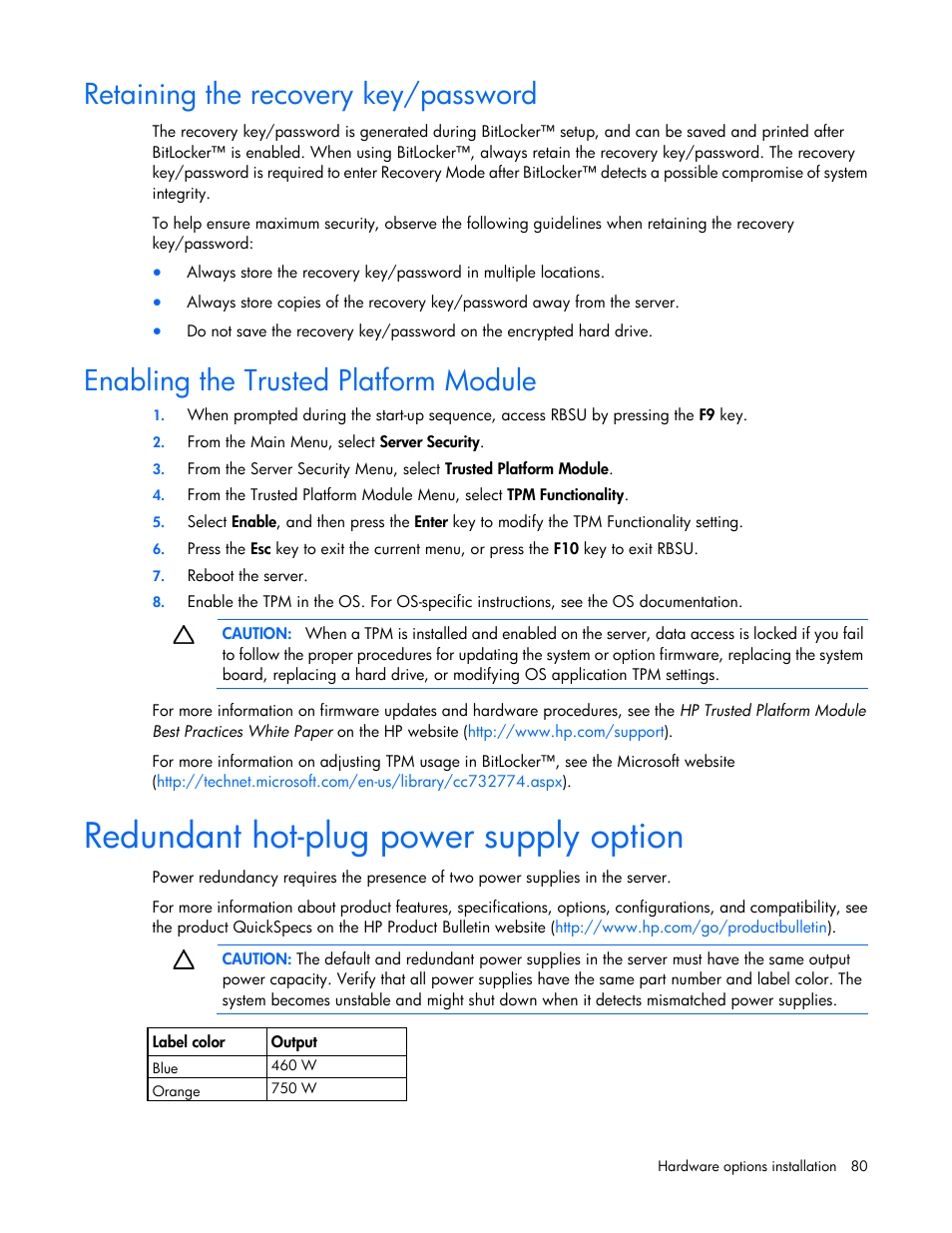 Retaining the recovery key/password, Enabling the trusted platform module, Redundant hot-plug power supply option | HP ProLiant DL380e Gen8 Server User Manual | Page 80 / 142