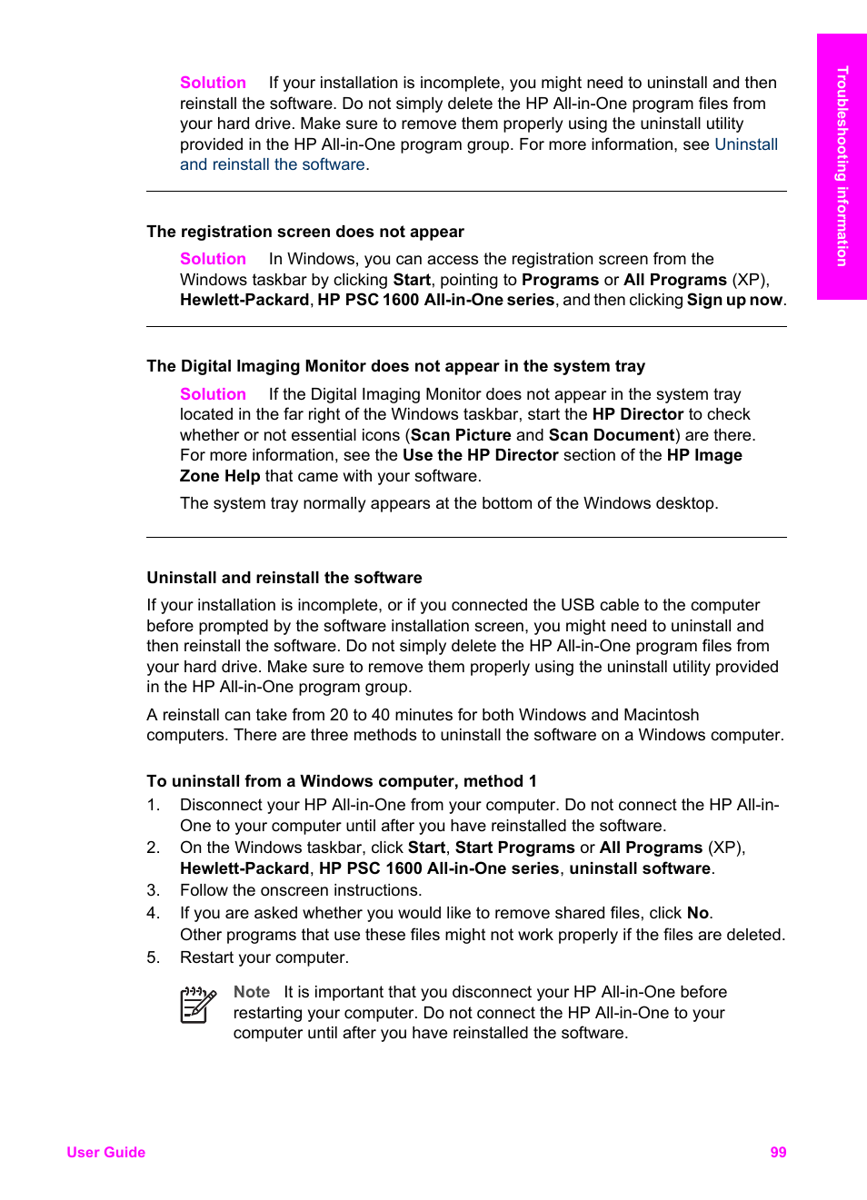 Uninstall and reinstall the software | HP PSC 1610v All-in-One Printer User Manual | Page 102 / 134