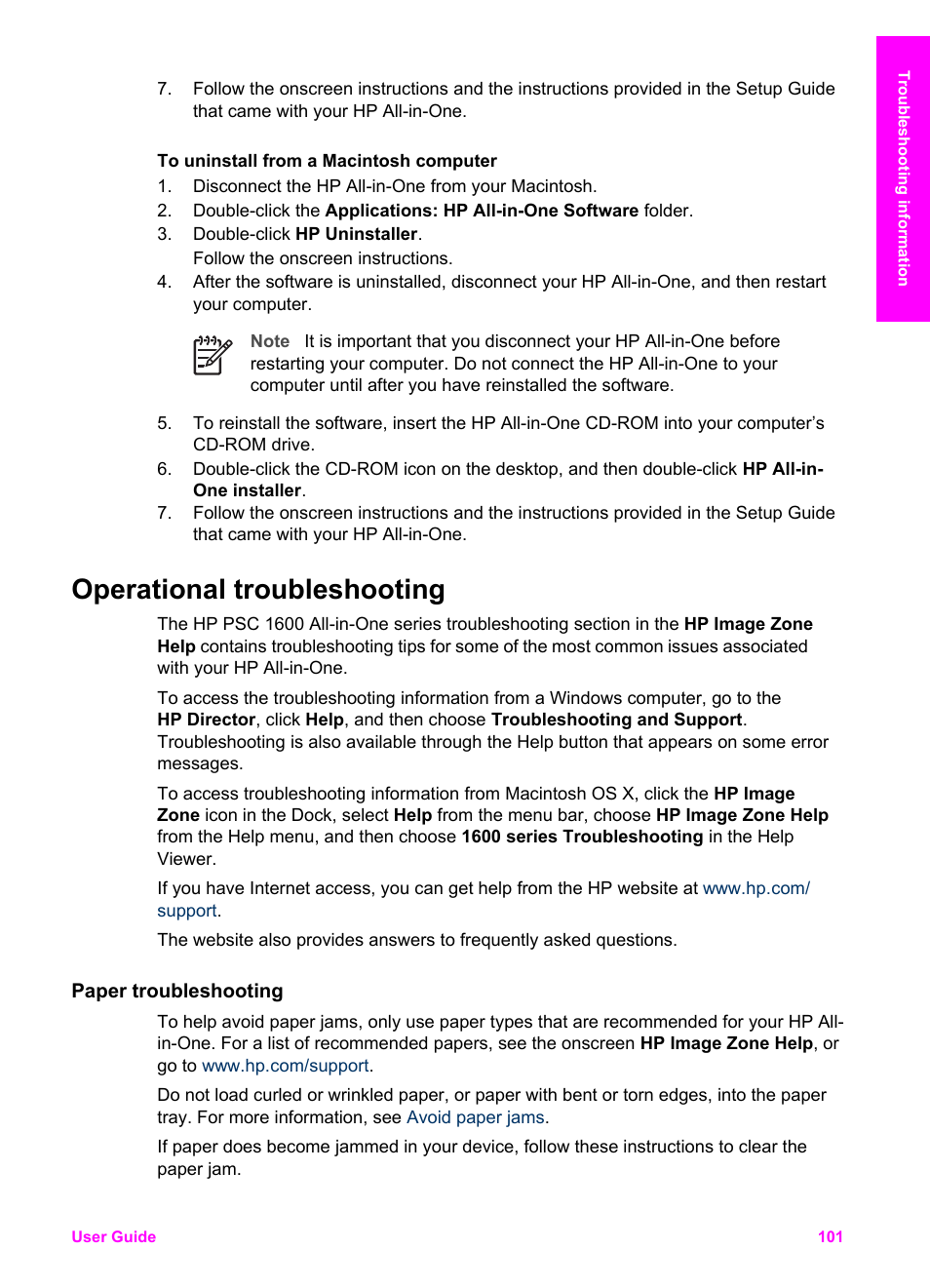 Operational troubleshooting, Paper troubleshooting, Clearing paper jams, see | HP PSC 1610v All-in-One Printer User Manual | Page 104 / 134