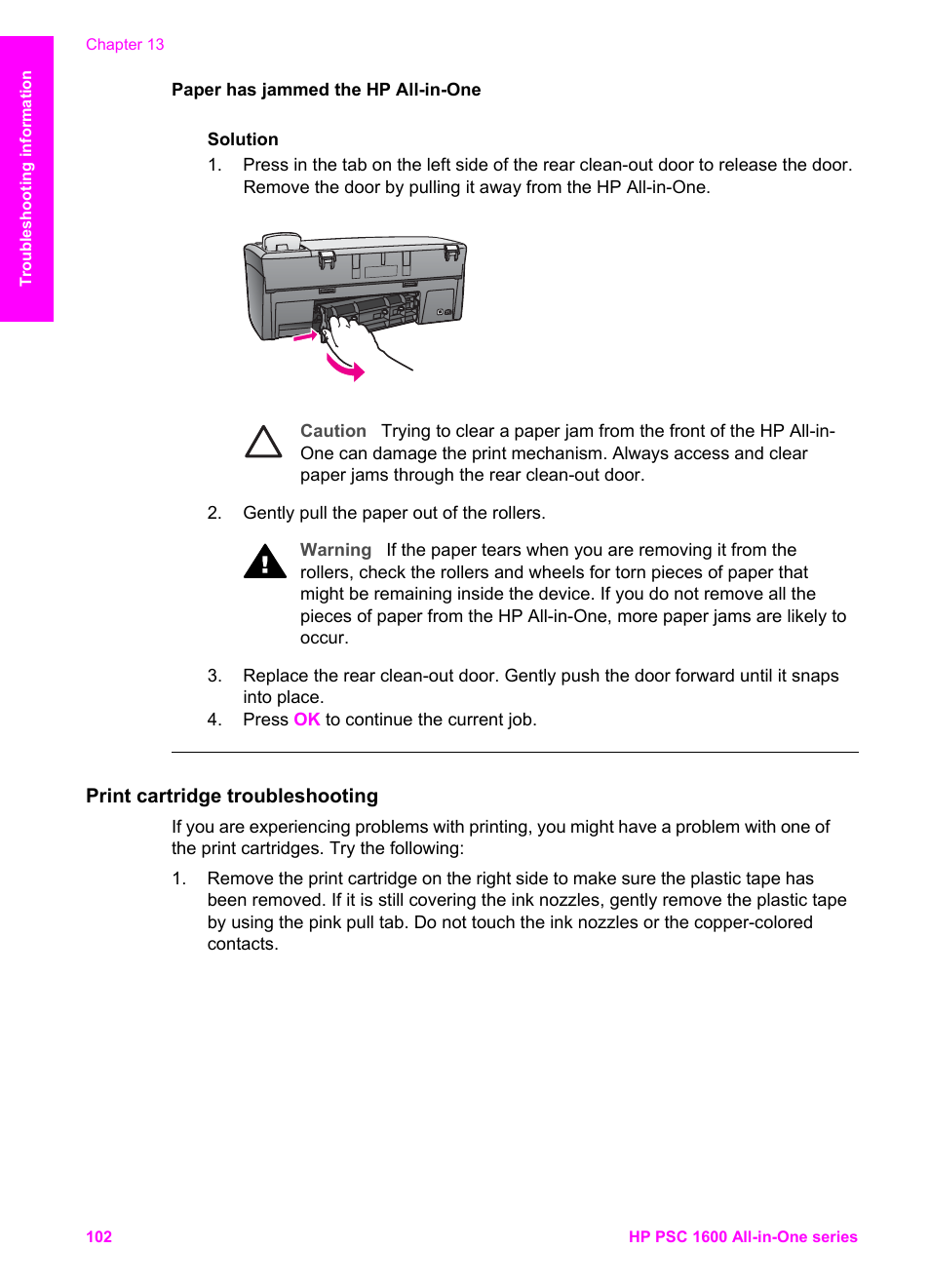 Print cartridge troubleshooting, Paper has jammed the, Hp all-in-one | HP PSC 1610v All-in-One Printer User Manual | Page 105 / 134