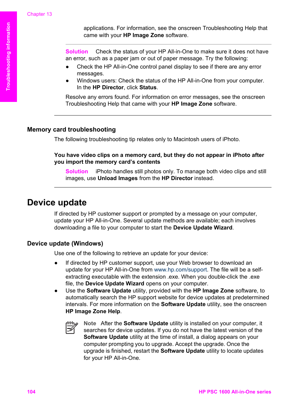 Memory card troubleshooting, Device update, Device update (windows) | HP PSC 1610v All-in-One Printer User Manual | Page 107 / 134