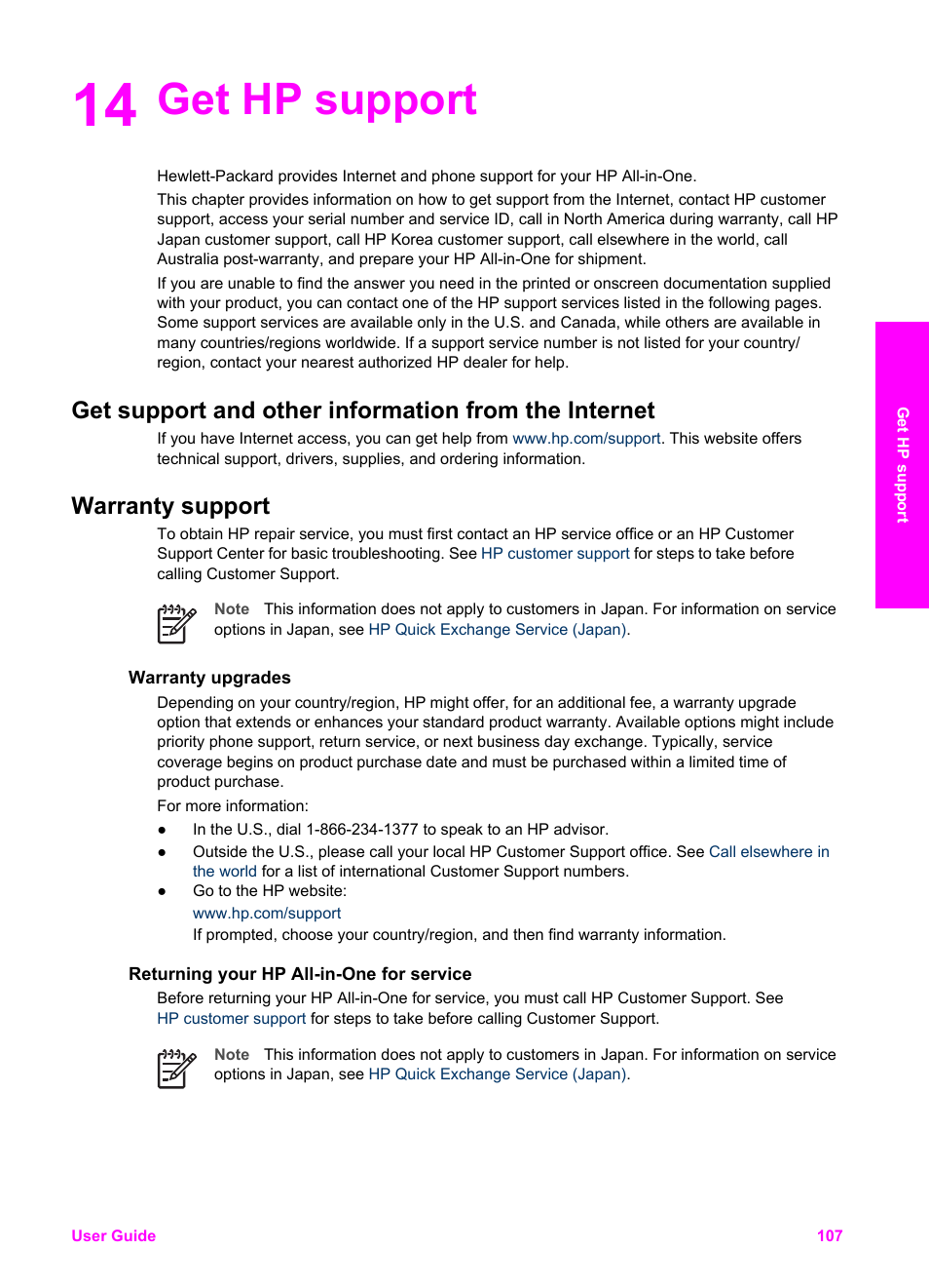 Get hp support, Warranty support, Warranty upgrades | Returning your hp all-in-one for service, 14 get hp support | HP PSC 1610v All-in-One Printer User Manual | Page 110 / 134