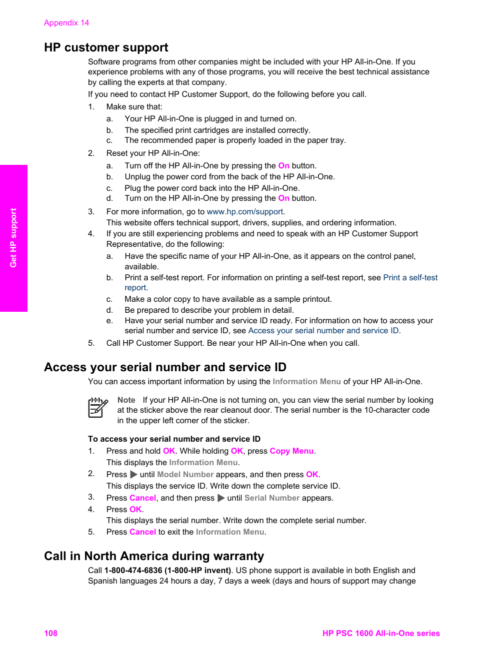 Hp customer support, Access your serial number and service id, Call in north america during warranty | HP PSC 1610v All-in-One Printer User Manual | Page 111 / 134