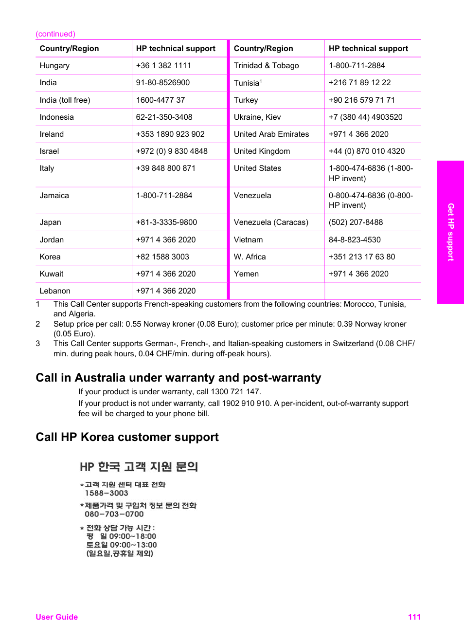 Call in australia under warranty and post-warranty, Call hp korea customer support | HP PSC 1610v All-in-One Printer User Manual | Page 114 / 134