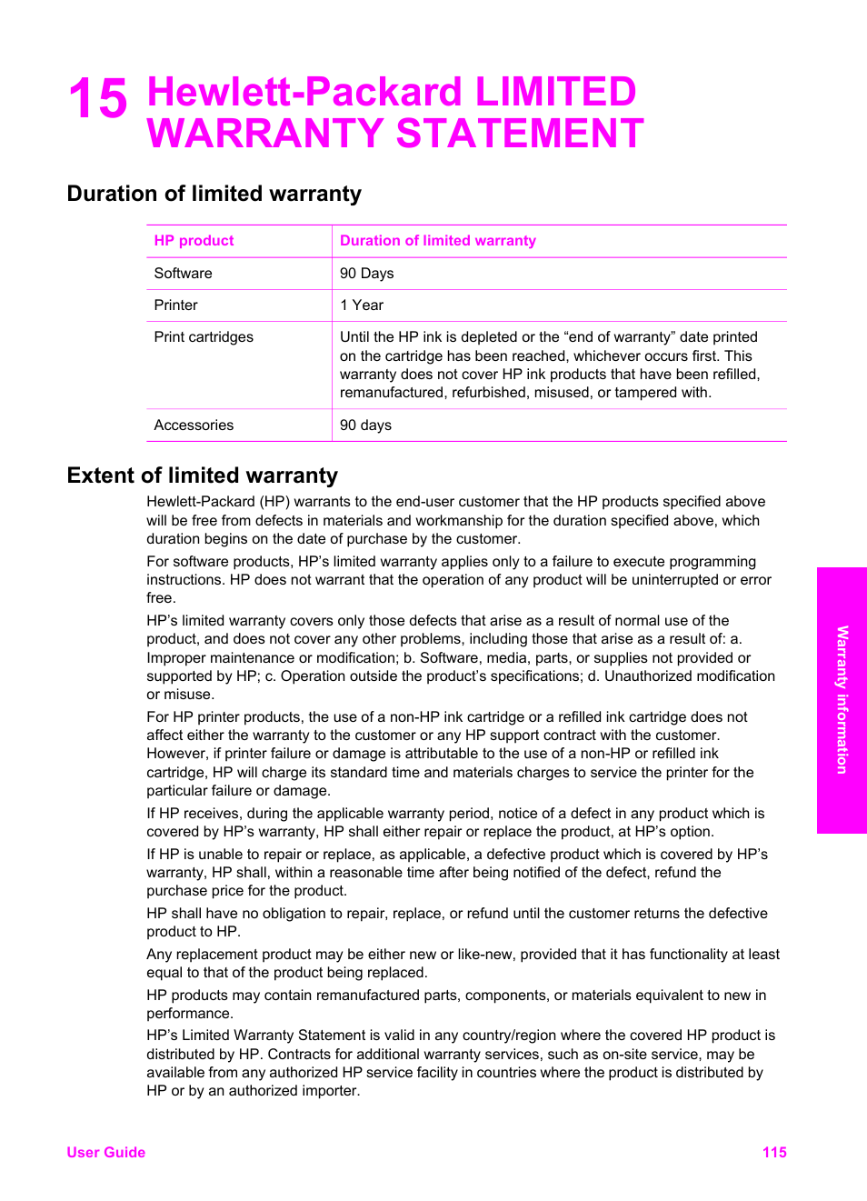 Hewlett-packard limited warranty statement, Duration of limited warranty, Extent of limited warranty | 15 hewlett-packard limited warranty statement | HP PSC 1610v All-in-One Printer User Manual | Page 118 / 134