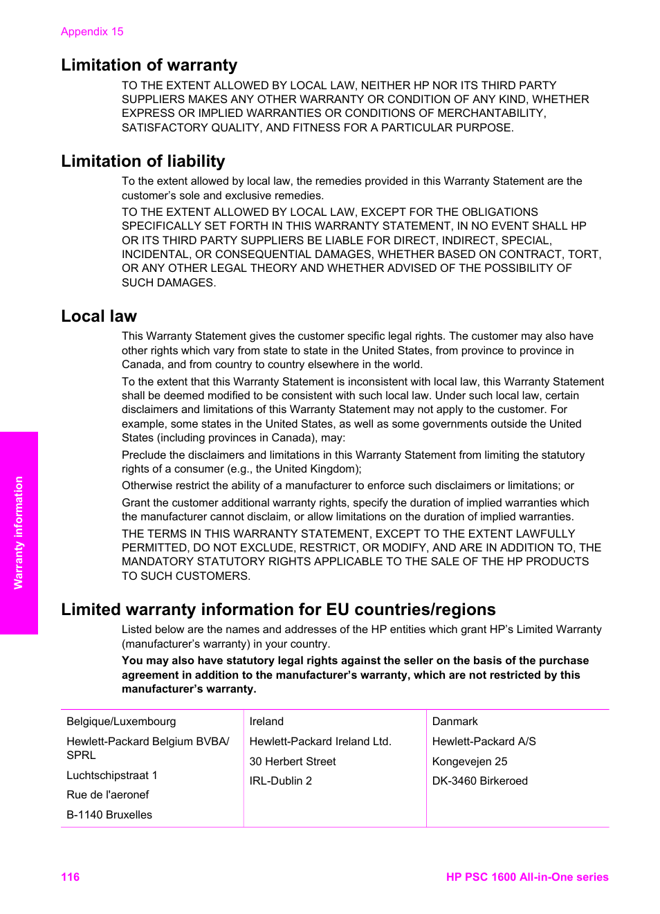 Limitation of warranty, Limitation of liability, Local law | Limitation of warranty limitation of liability | HP PSC 1610v All-in-One Printer User Manual | Page 119 / 134