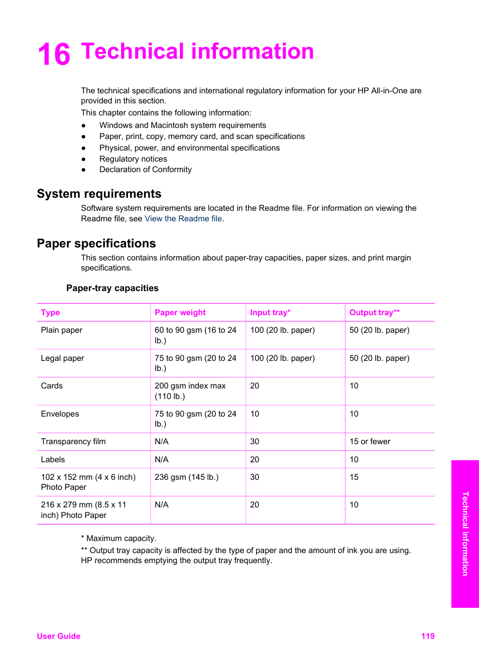 Technical information, System requirements, Paper specifications | Paper-tray capacities, 16 technical information, System requirements paper specifications | HP PSC 1610v All-in-One Printer User Manual | Page 122 / 134