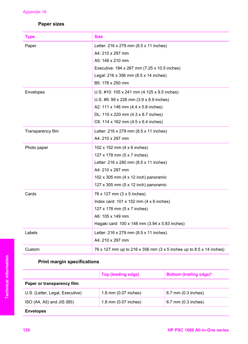 Paper sizes, Print margin specifications | HP PSC 1610v All-in-One Printer User Manual | Page 123 / 134
