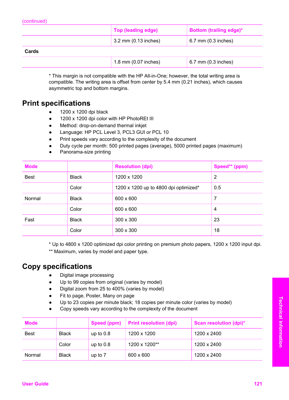 Print specifications, Copy specifications, Print specifications copy specifications | HP PSC 1610v All-in-One Printer User Manual | Page 124 / 134