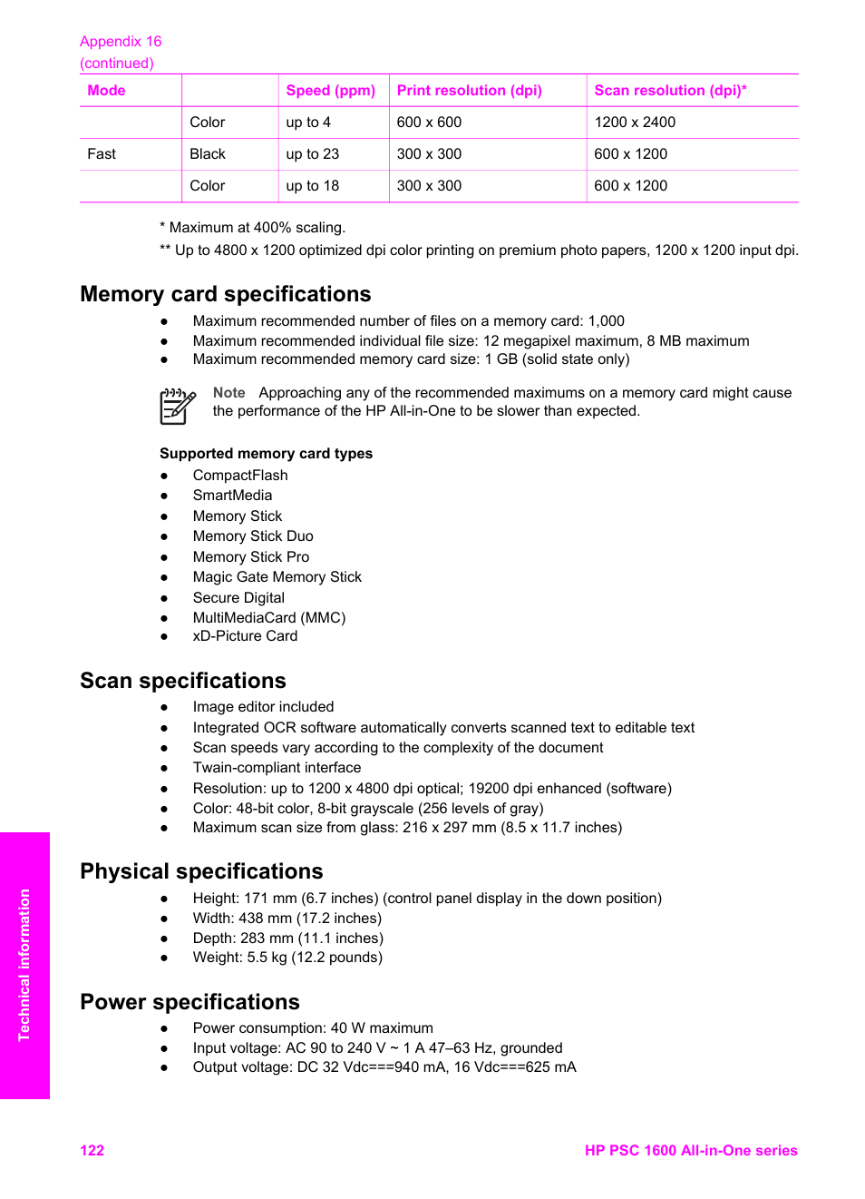 Memory card specifications, Scan specifications, Physical specifications | Power specifications | HP PSC 1610v All-in-One Printer User Manual | Page 125 / 134