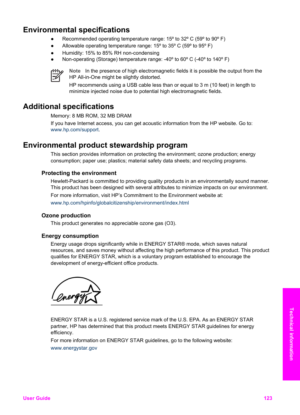 Environmental specifications, Additional specifications, Environmental product stewardship program | Protecting the environment, Ozone production, Energy consumption | HP PSC 1610v All-in-One Printer User Manual | Page 126 / 134