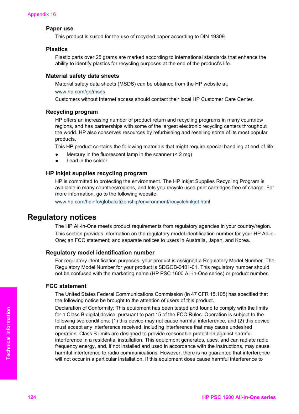 Paper use, Plastics, Material safety data sheets | Recycling program, Hp inkjet supplies recycling program, Regulatory notices, Regulatory model identification number, Fcc statement | HP PSC 1610v All-in-One Printer User Manual | Page 127 / 134