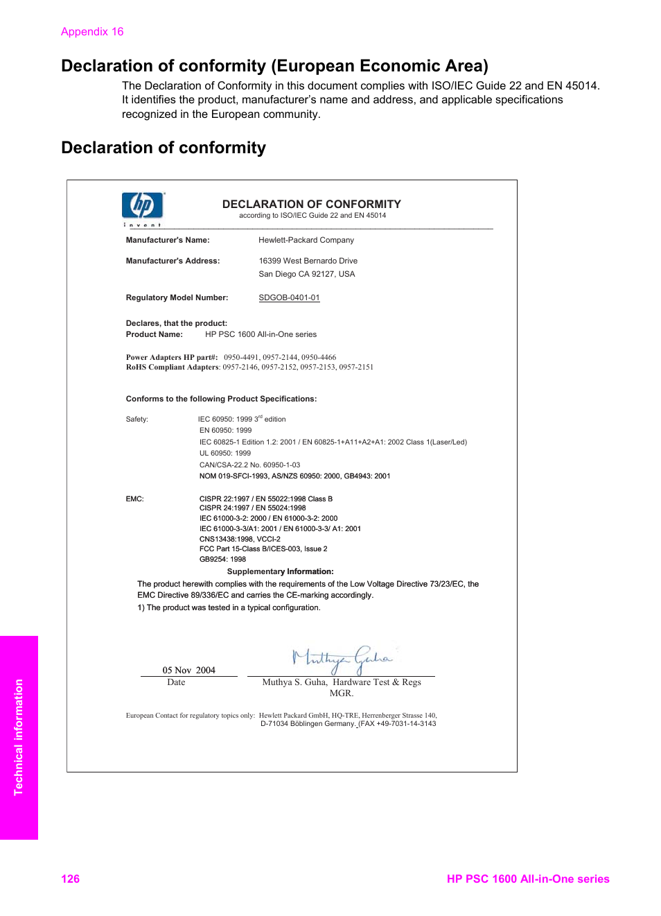 Declaration of conformity (european economic area), Declaration of conformity | HP PSC 1610v All-in-One Printer User Manual | Page 129 / 134