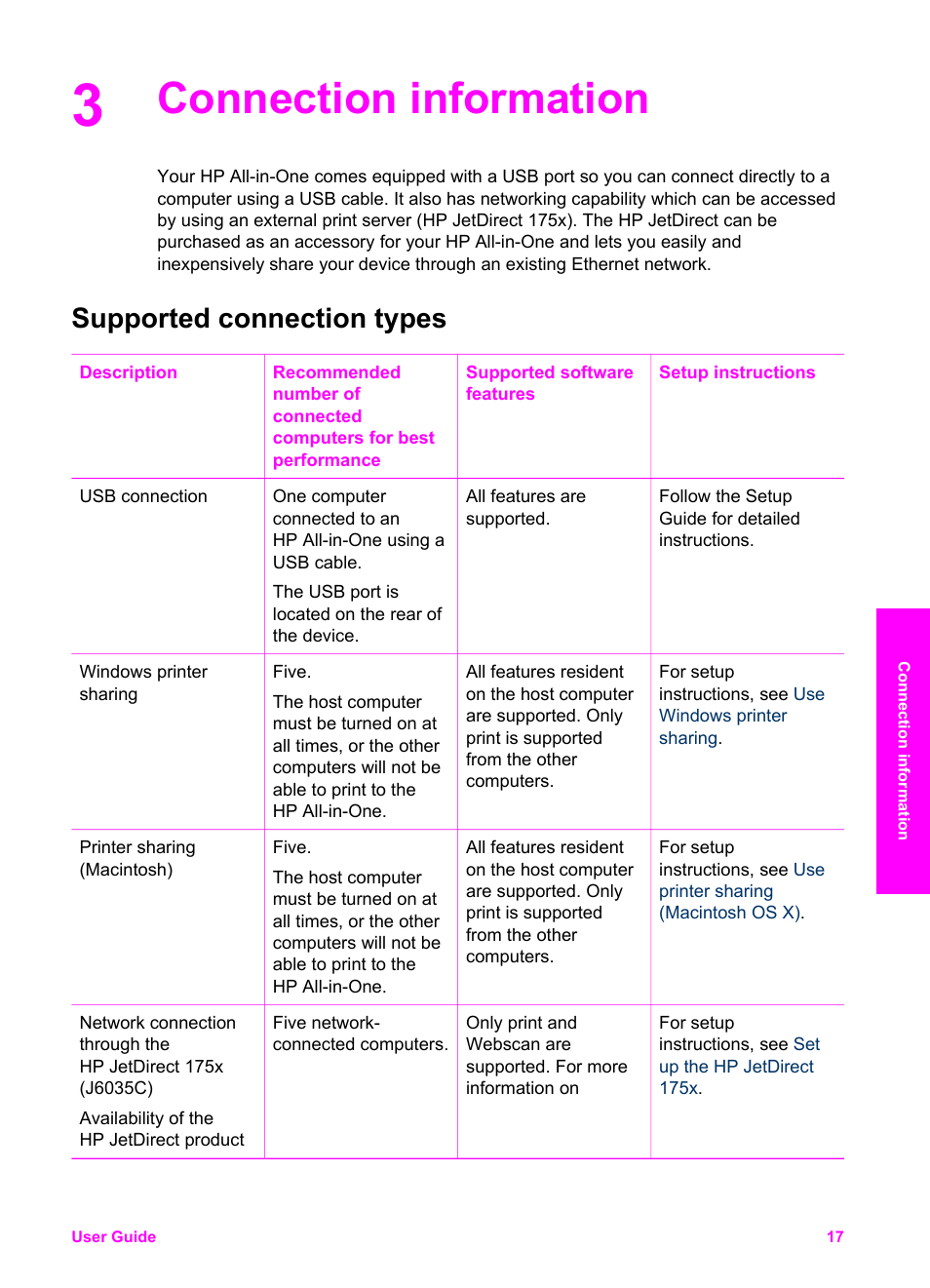 Connection information, Supported connection types | HP PSC 1610v All-in-One Printer User Manual | Page 20 / 134