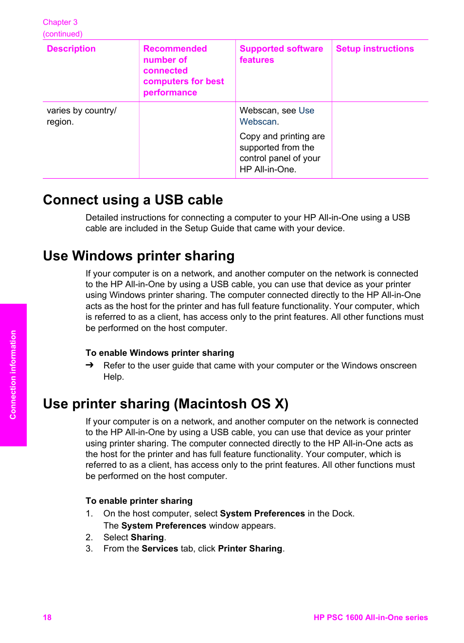 Connect using a usb cable, Use windows printer sharing, Use printer sharing (macintosh os x) | Windows printer sharing, Printer sharing (macintosh os x) | HP PSC 1610v All-in-One Printer User Manual | Page 21 / 134