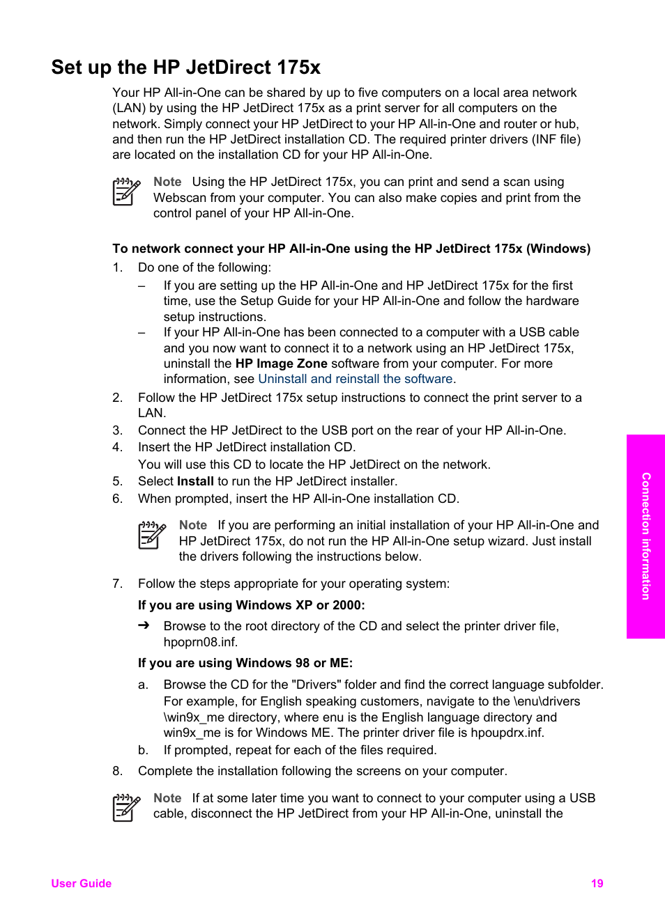 Set up the hp jetdirect 175x, Up the hp jetdirect 175x | HP PSC 1610v All-in-One Printer User Manual | Page 22 / 134
