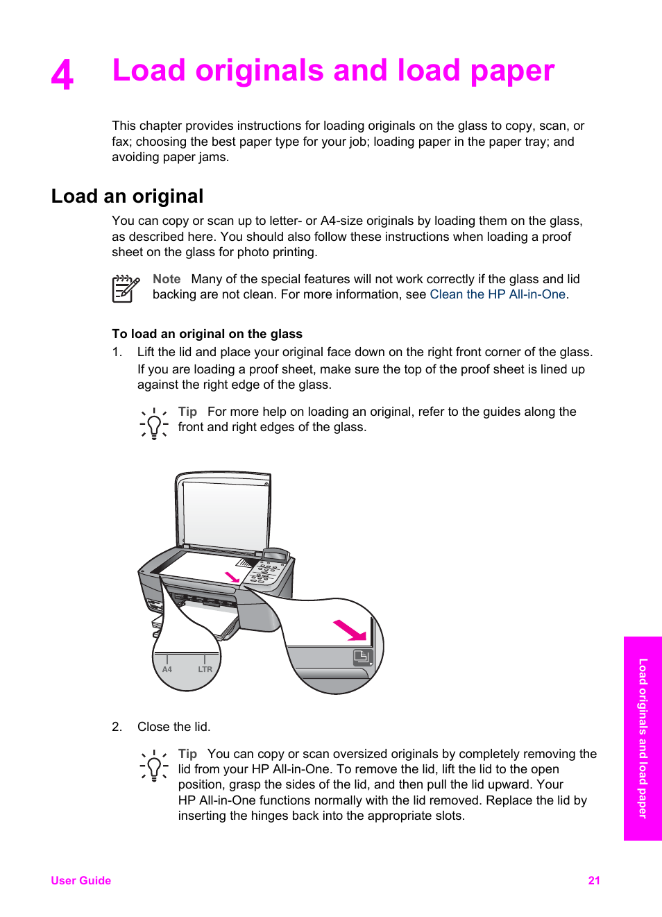 Load originals and load paper, Load an original | HP PSC 1610v All-in-One Printer User Manual | Page 24 / 134