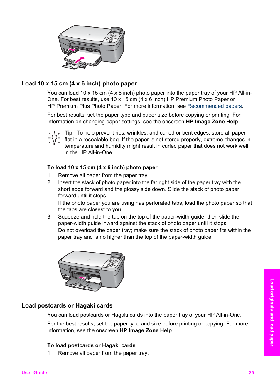 Load 10 x 15 cm (4 x 6 inch) photo paper, Load postcards or hagaki cards | HP PSC 1610v All-in-One Printer User Manual | Page 28 / 134