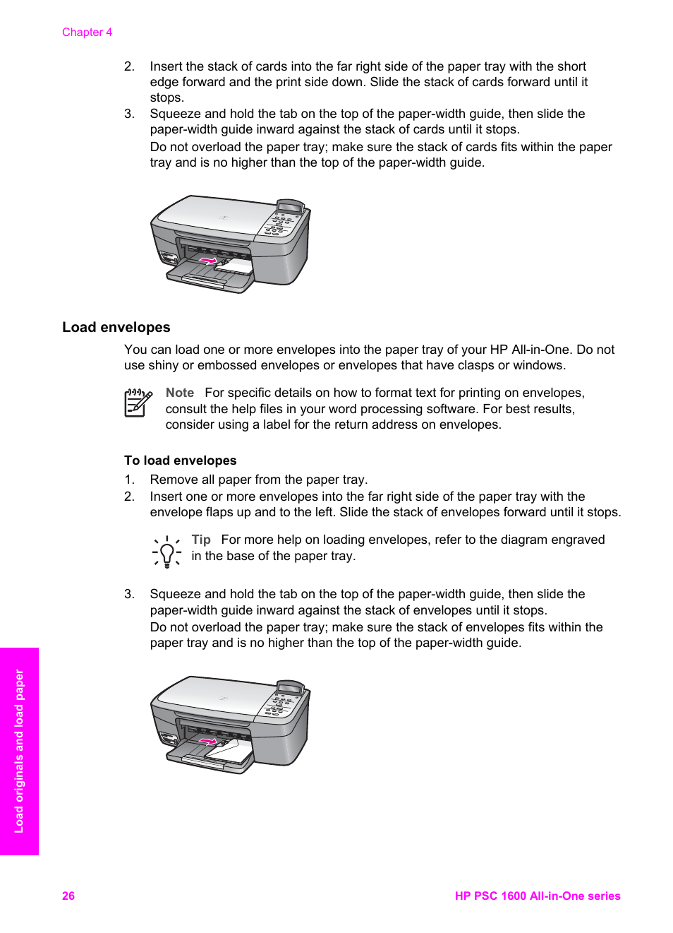 Load envelopes | HP PSC 1610v All-in-One Printer User Manual | Page 29 / 134