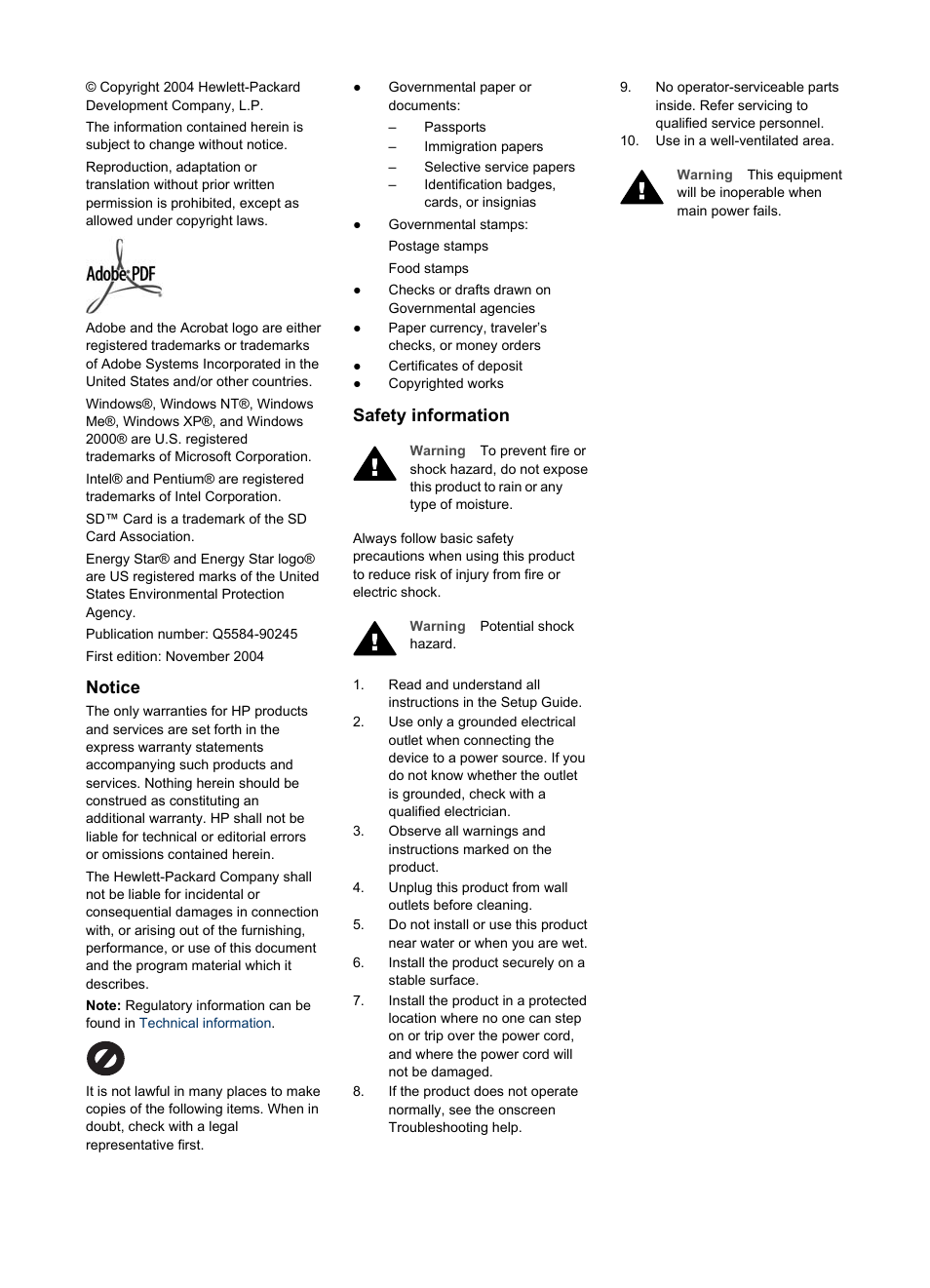 Notice, Safety information | HP PSC 1610v All-in-One Printer User Manual | Page 3 / 134