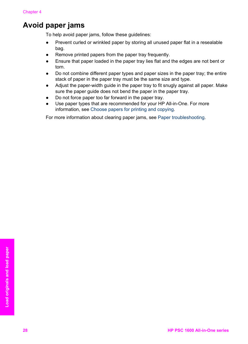 Avoid paper jams | HP PSC 1610v All-in-One Printer User Manual | Page 31 / 134