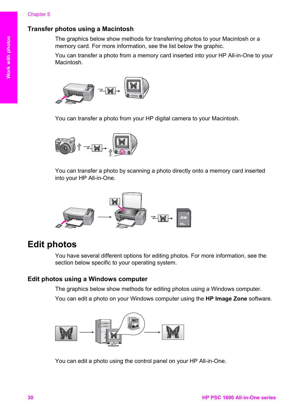 Transfer photos using a macintosh, Edit photos, Edit photos using a windows computer | HP PSC 1610v All-in-One Printer User Manual | Page 33 / 134