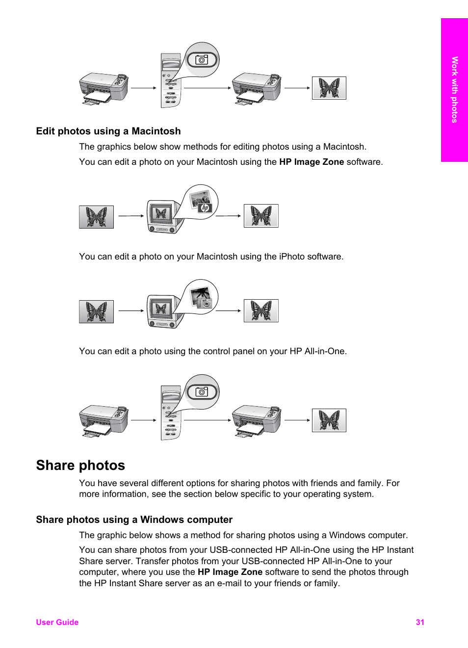 Edit photos using a macintosh, Share photos, Share photos using a windows computer | HP PSC 1610v All-in-One Printer User Manual | Page 34 / 134