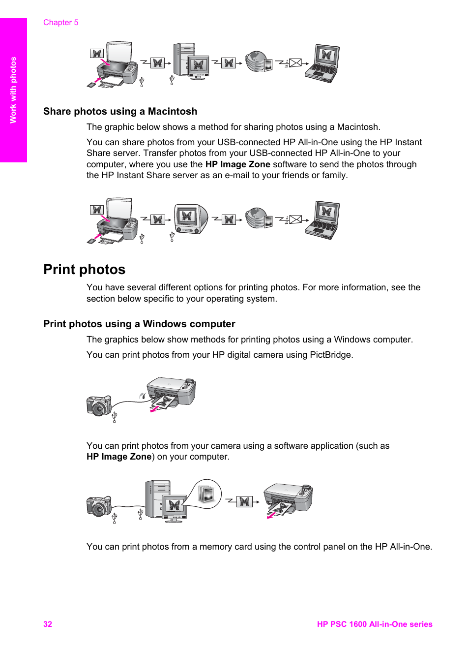 Share photos using a macintosh, Print photos, Print photos using a windows computer | HP PSC 1610v All-in-One Printer User Manual | Page 35 / 134