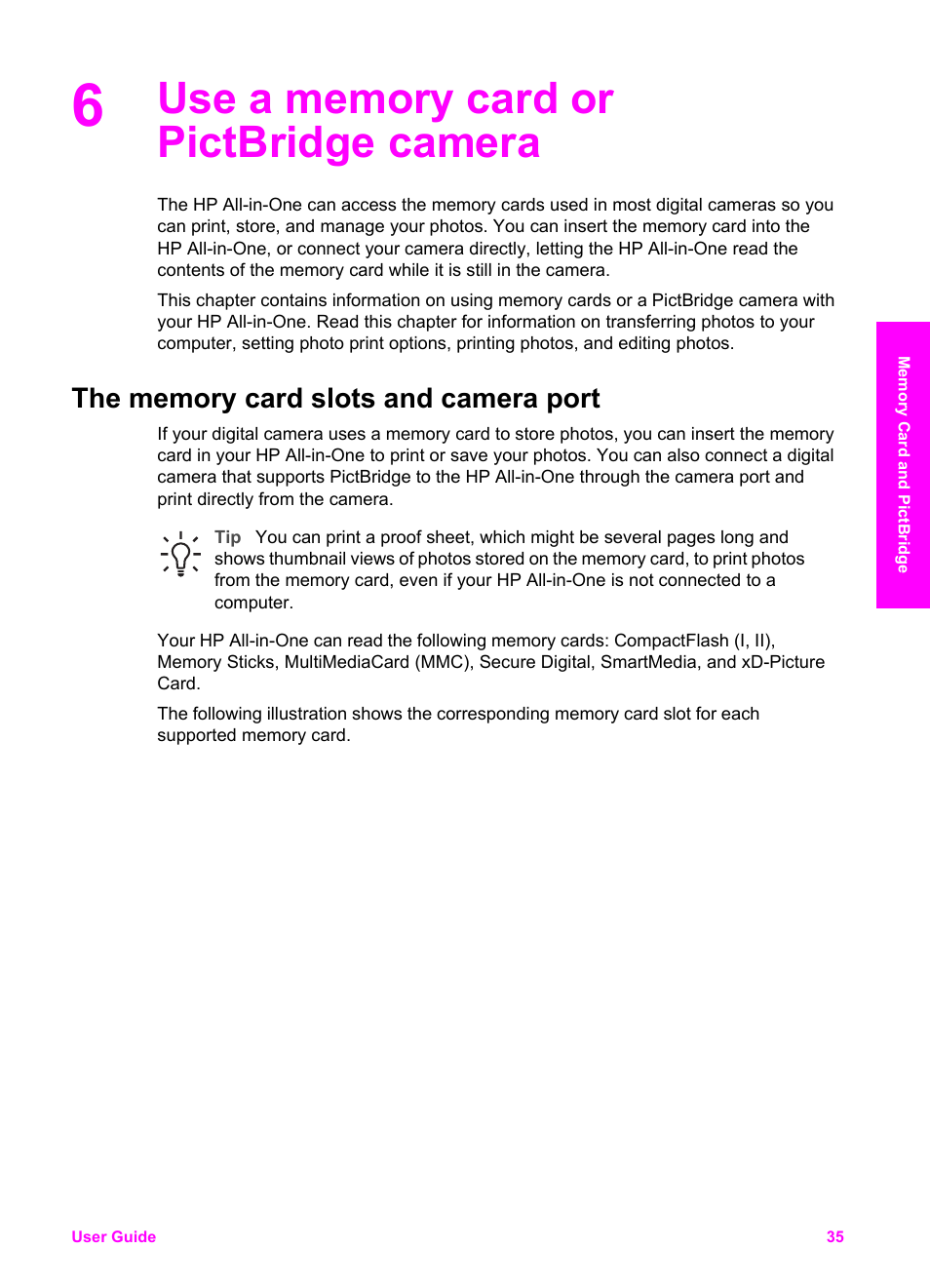 Use a memory card or pictbridge camera, The memory card slots and camera port | HP PSC 1610v All-in-One Printer User Manual | Page 38 / 134
