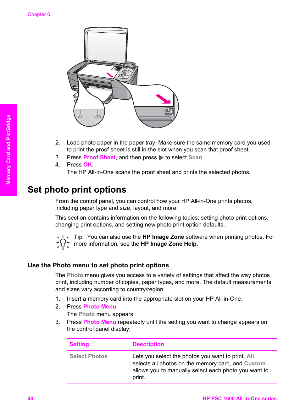 Set photo print options, Use the photo menu to set photo print options | HP PSC 1610v All-in-One Printer User Manual | Page 43 / 134