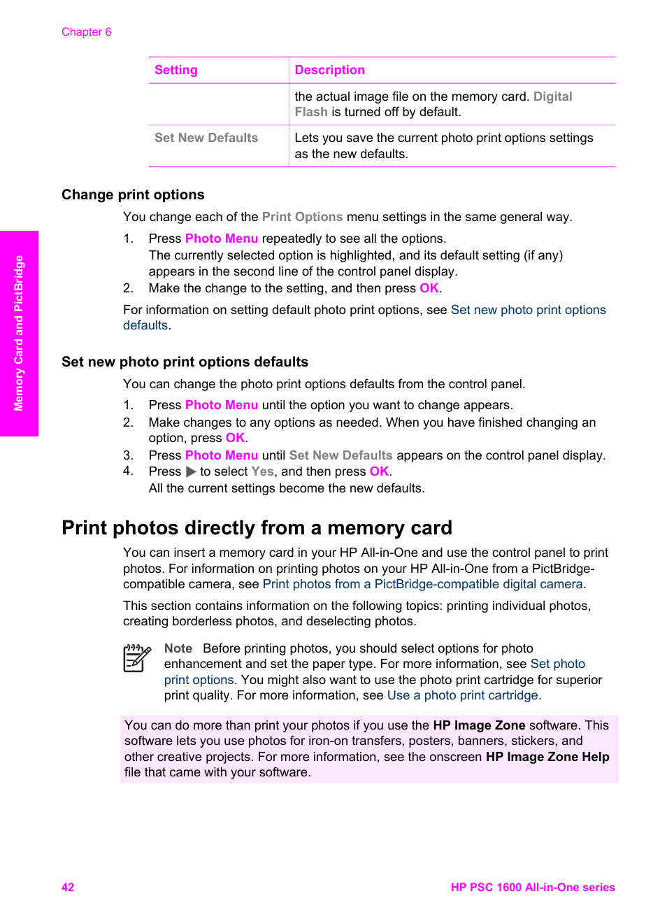 Change print options, Set new photo print options defaults, Print photos directly from a memory card | HP PSC 1610v All-in-One Printer User Manual | Page 45 / 134