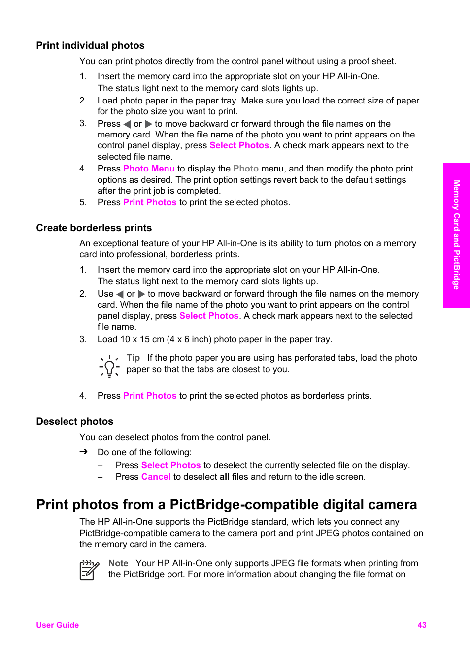 Print individual photos, Create borderless prints, Deselect photos | HP PSC 1610v All-in-One Printer User Manual | Page 46 / 134